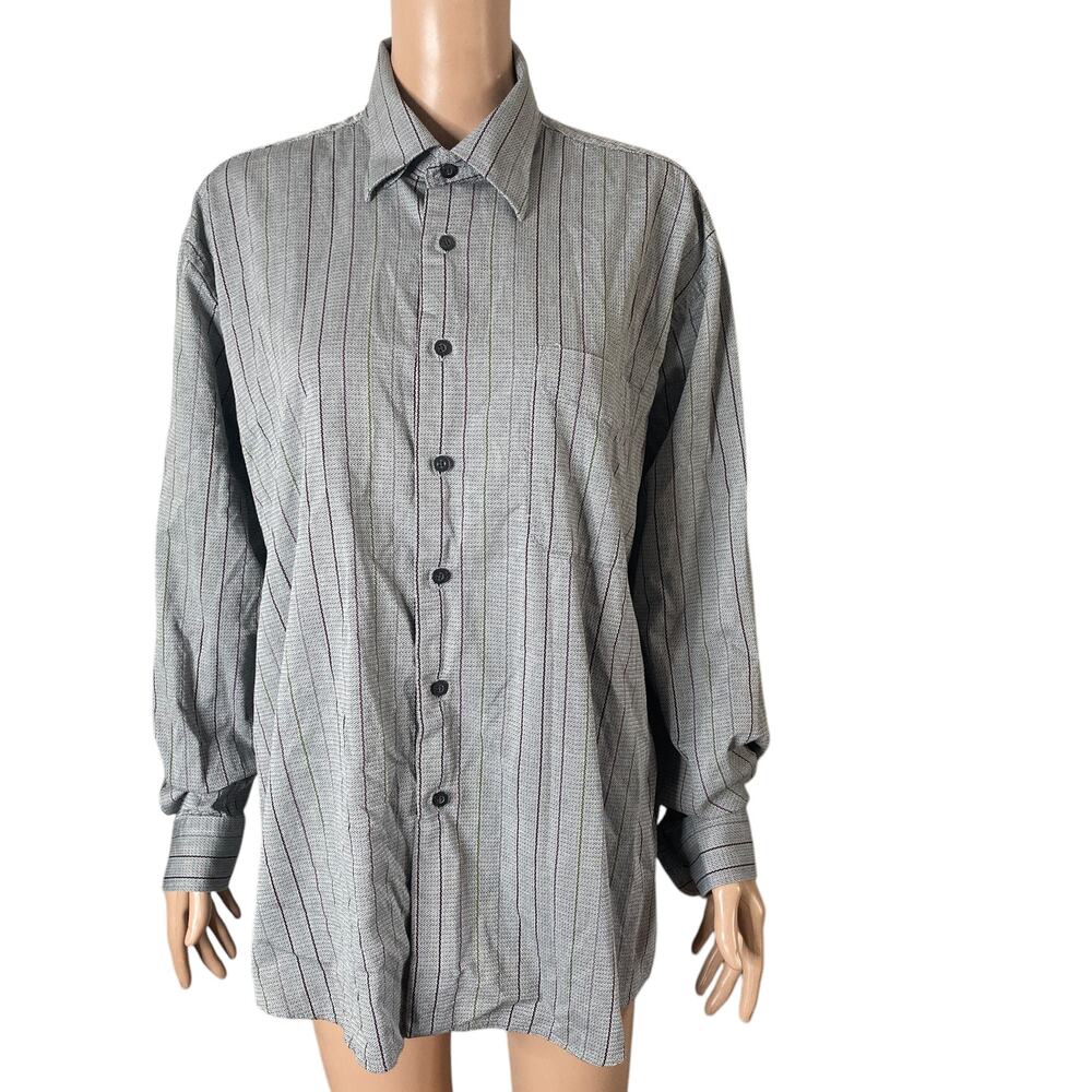 Alan Flusser Shirt Mens Large Striped Gray Burgundy Button Front